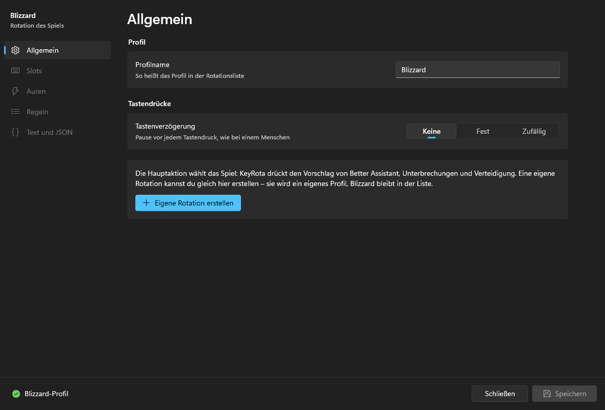 Ein Blizzard-Profil im Editor: Profilname, Tastenverzögerung und „Eigene Rotation erstellen“