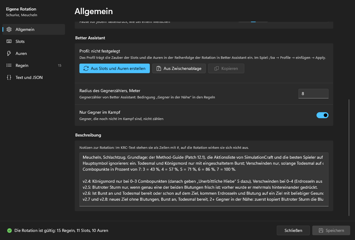 Weiter unten auf der Seite „Allgemein“: der Block „Better Assistant“, der Radius des Gegnerzählers, „Nur Gegner im Kampf“ und die Beschreibung