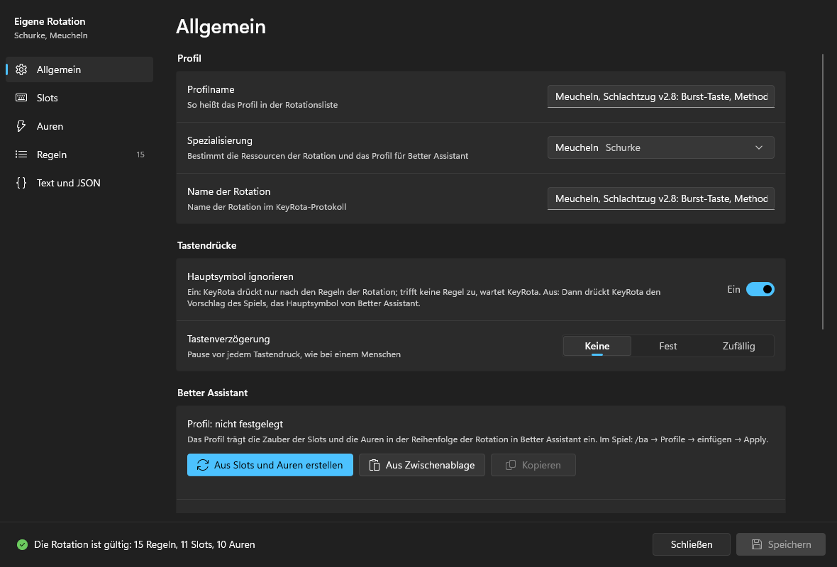 Die Seite „Allgemein“: Profil, Spezialisierung, Name der Rotation, „Hauptsymbol ignorieren“, Tastenverzögerung
