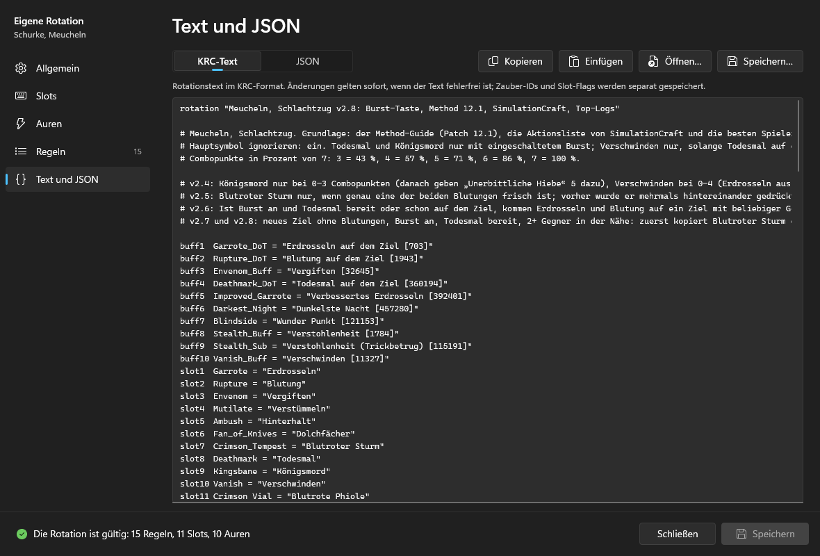 Die Seite „Text und JSON“ in der Ansicht „KRC-Text“: der Anfang des Rotationstextes mit der Beschreibung und den Deklarationen buff1–buff7