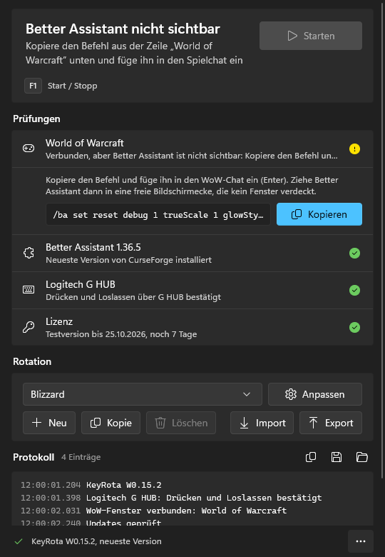 Die Zeile „World of Warcraft“: „Verbunden, aber Better Assistant ist nicht sichtbar“, der Befehl und „Kopieren“