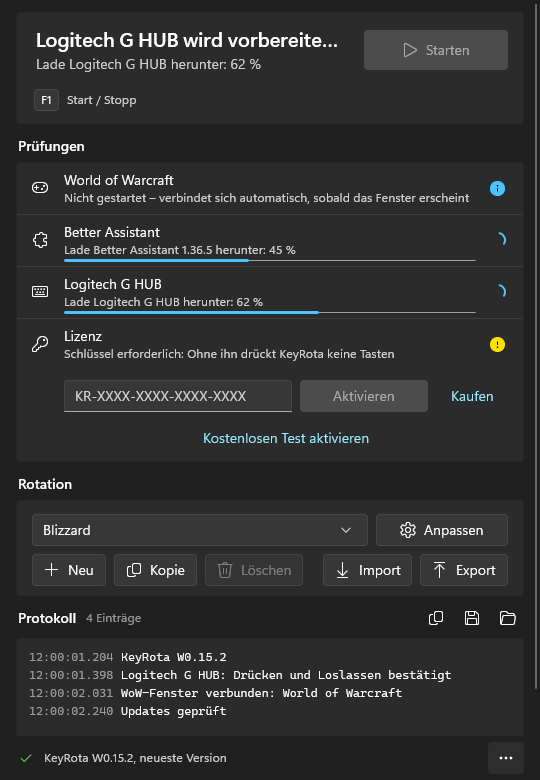 Erster Start: KeyRota lädt Better Assistant und Logitech G HUB herunter