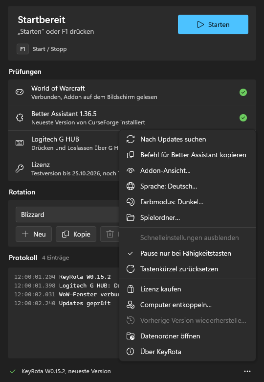 Das Menü „…“: „Nach Updates suchen“, „Befehl für Better Assistant kopieren“, „Sprache“, „Farbmodus“, „Spielordner“ und mehr