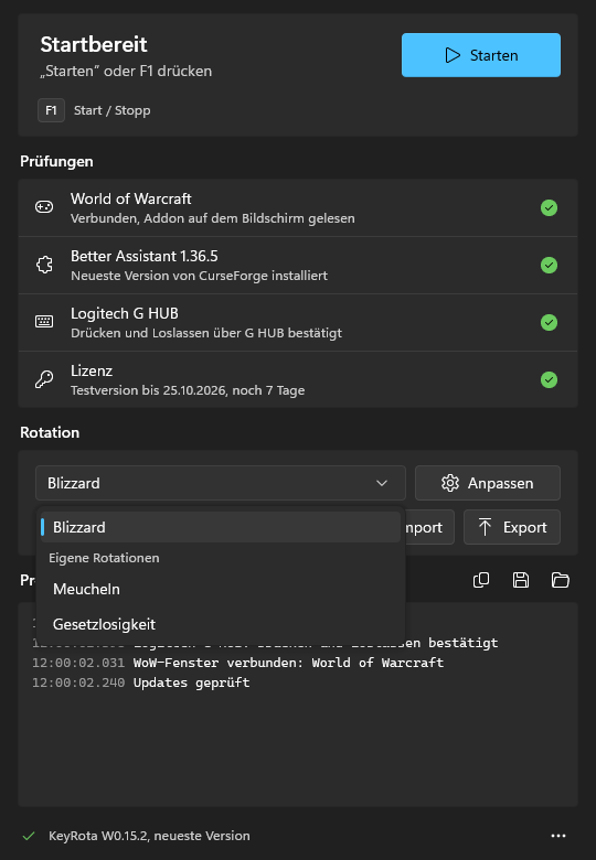 Die Liste „Rotation“: „Blizzard“, darunter „Eigene Rotationen“