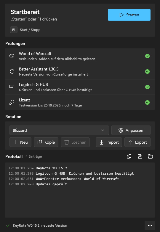 Alle Prüfungen grün, oben „Startbereit“