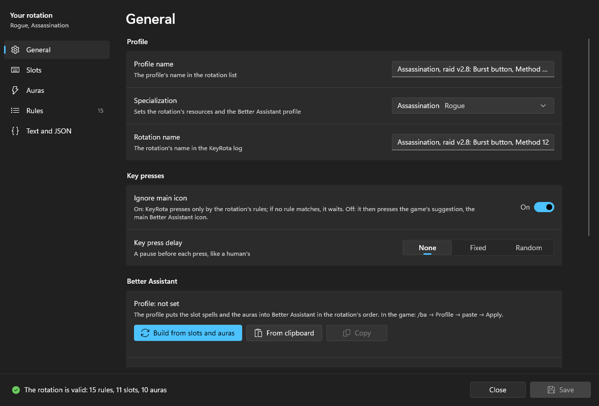 The General page: profile, specialization, rotation name, Ignore main icon, key press delay