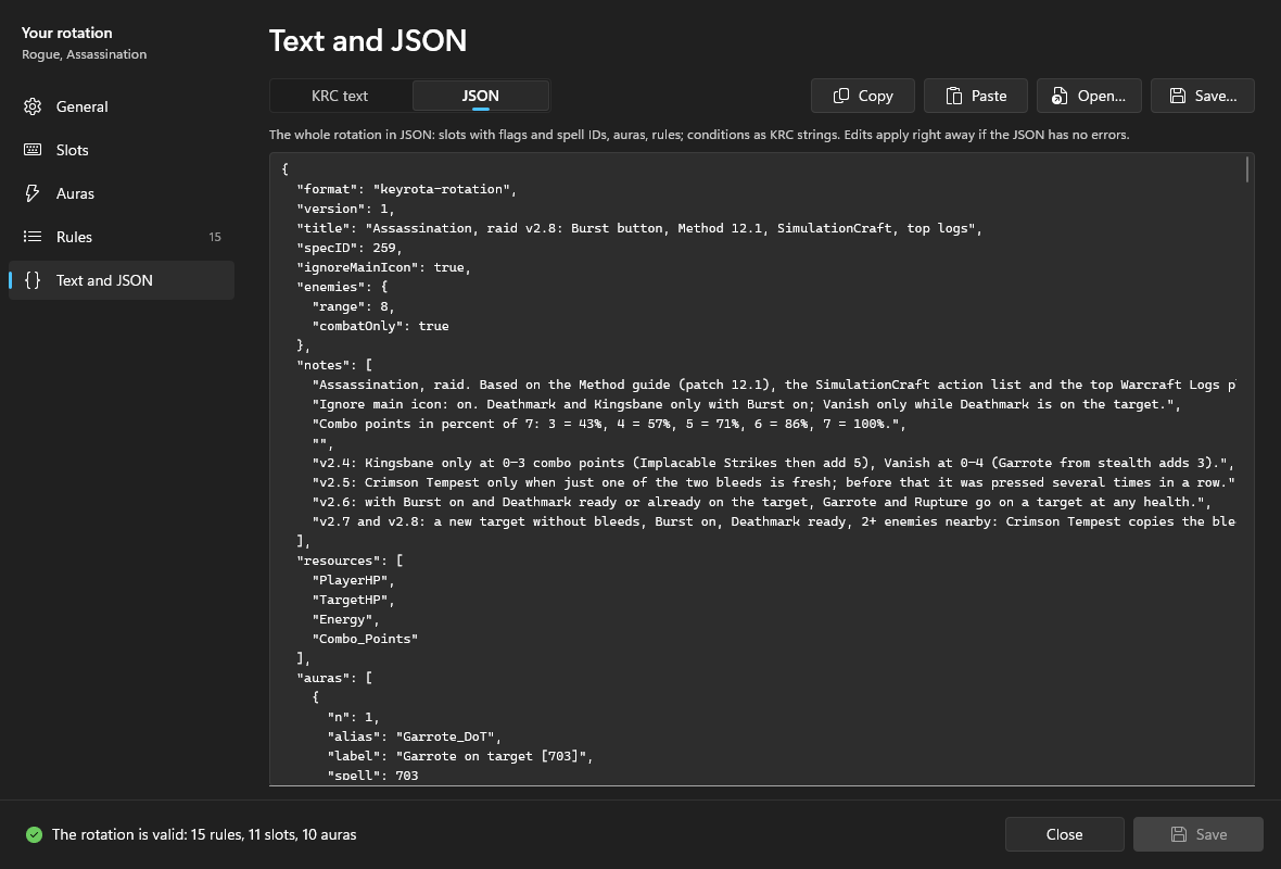 The Text and JSON page in JSON mode: the start of the rotation JSON with format, version, title, specID, ignoreMainIcon, enemies and notes