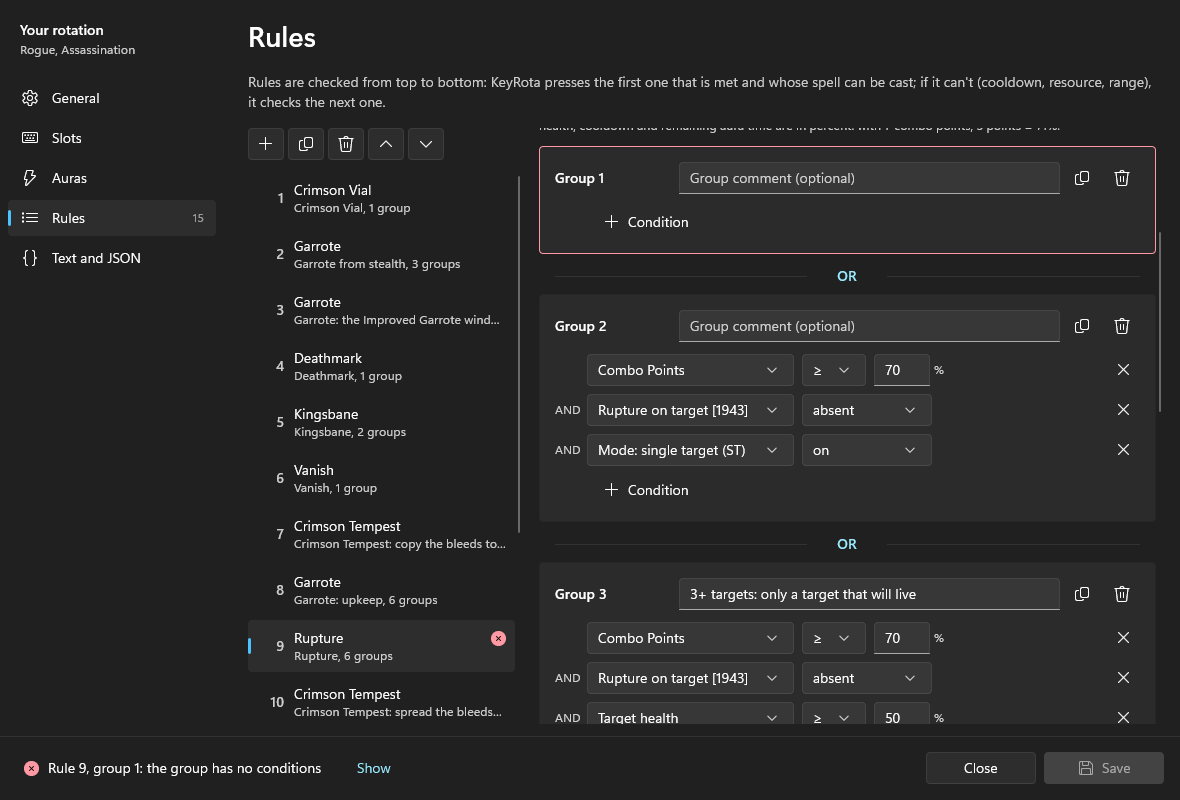 An error in rule 9: group 1 without conditions is outlined in red; the status bar says "Rule 9, group 1: the group has no conditions" with Show