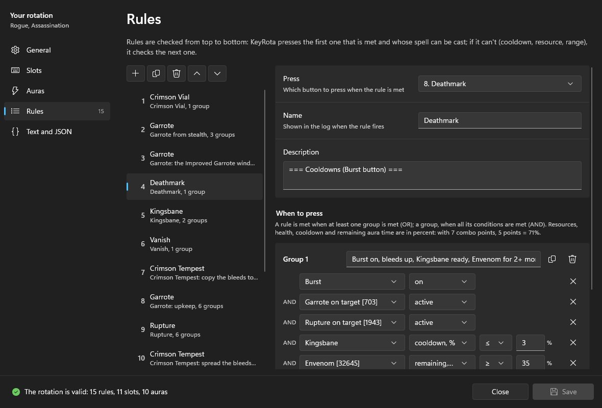 The Rules page: 15 rules on the left, on the right rule 4 Deathmark with its condition group