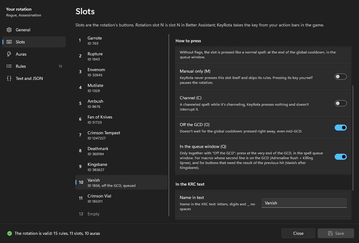 The How to press switches of the Vanish slot: Off the GCD (O) and In the queue window (Q) are on