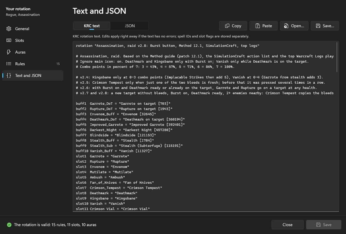 The Text and JSON page in KRC text mode: the start of the rotation text with the description and the buff1–buff7 declarations