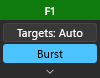 The quick settings panel: a header with F1, Targets: Auto and Burst