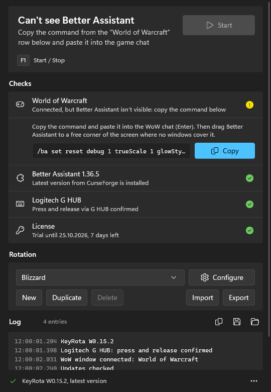 The World of Warcraft row: the chat command and the Copy button