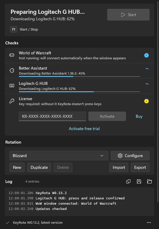 First launch: KeyRota downloads Better Assistant and Logitech G HUB