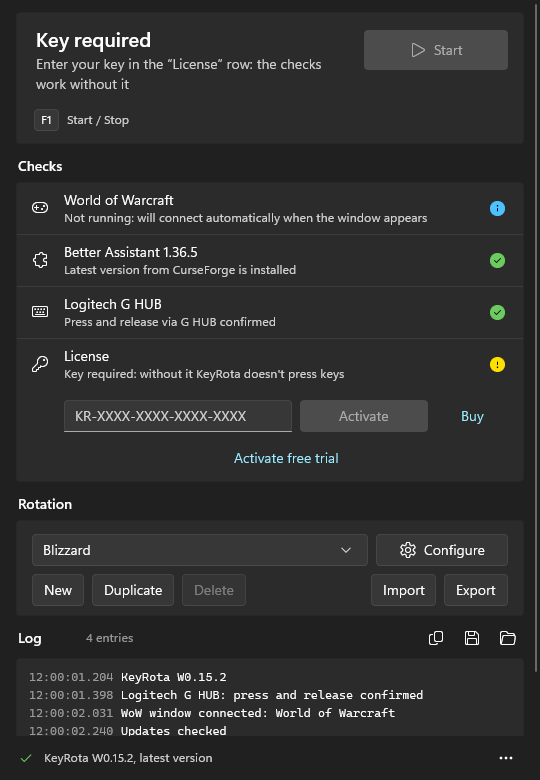 The License row: the key field and the Activate free trial link