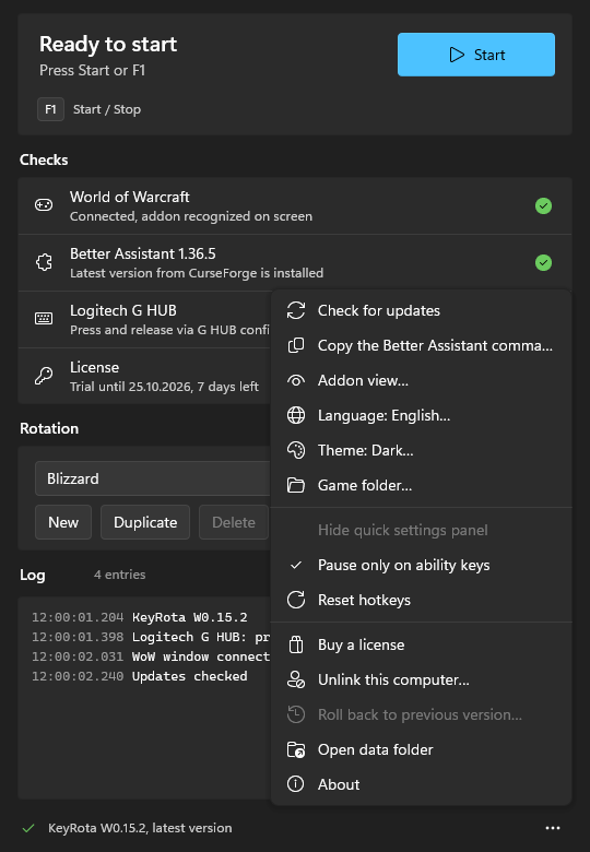 The “…” menu: Check for updates, Copy the Better Assistant command, Language, Theme, Game folder and more