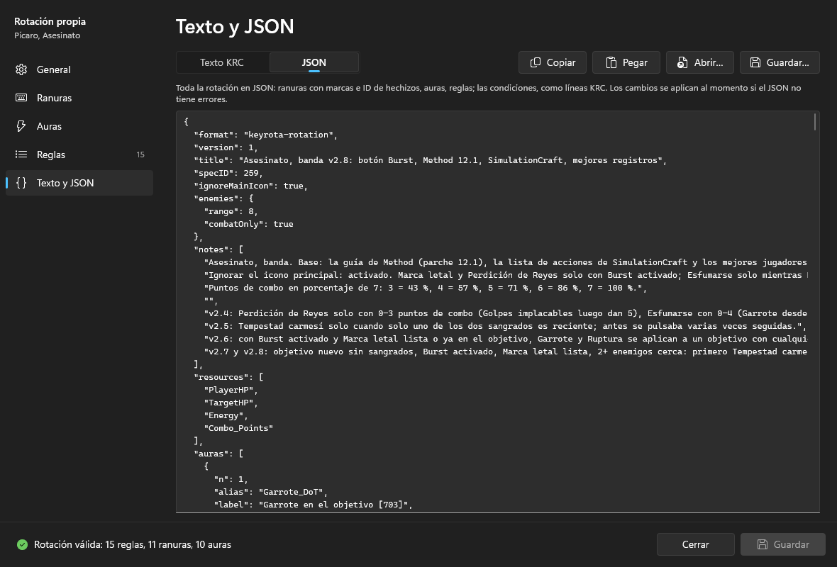 La página Texto y JSON en modo JSON: el principio del JSON de la rotación, con format, version, title, specID, ignoreMainIcon, enemies y notes