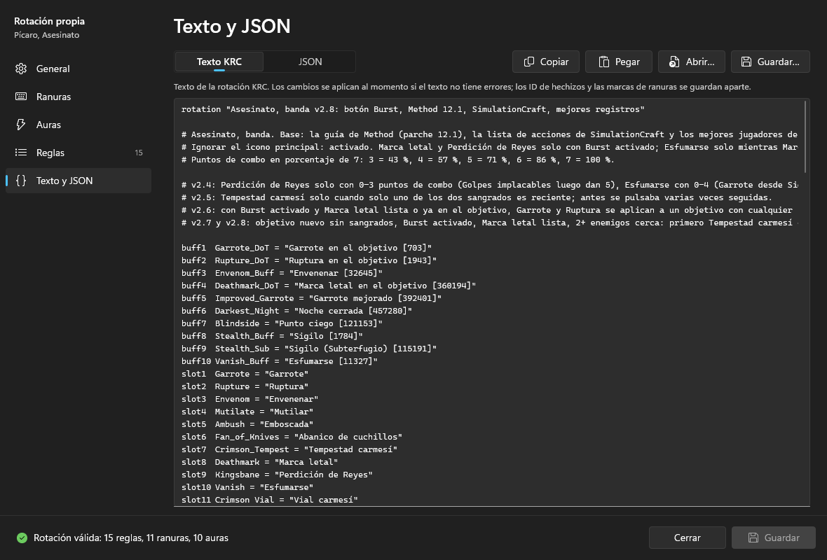La página Texto y JSON en modo Texto KRC: el principio del texto de la rotación, con la descripción y las declaraciones buff1–buff7