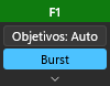 El panel de ajustes rápidos: la cabecera con F1, «Objetivos: Auto» y «Burst»