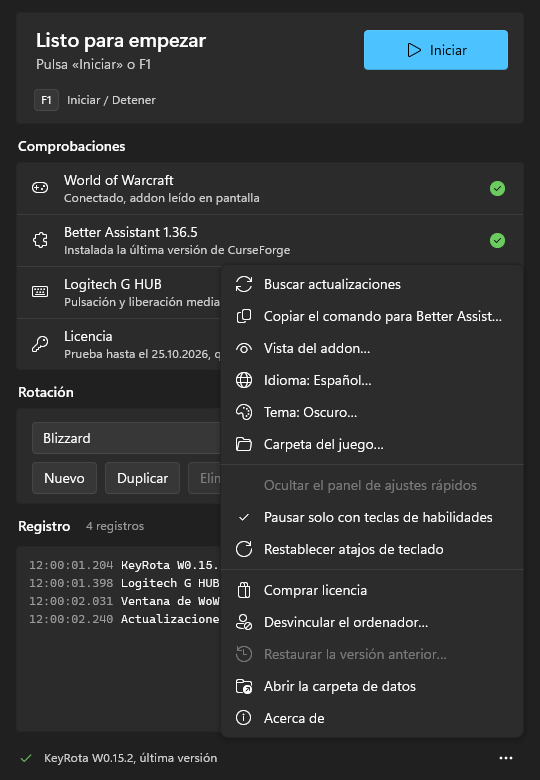 El menú «…»: «Buscar actualizaciones», «Copiar el comando para Better Assistant», «Idioma», «Tema», «Carpeta del juego» y más