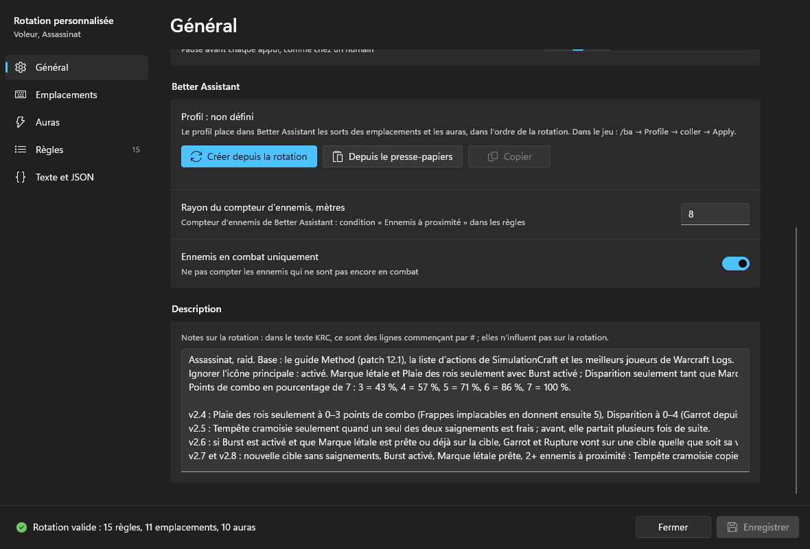 La page Général plus bas : le bloc Better Assistant, le rayon du compteur d’ennemis, Ennemis en combat uniquement et la description
