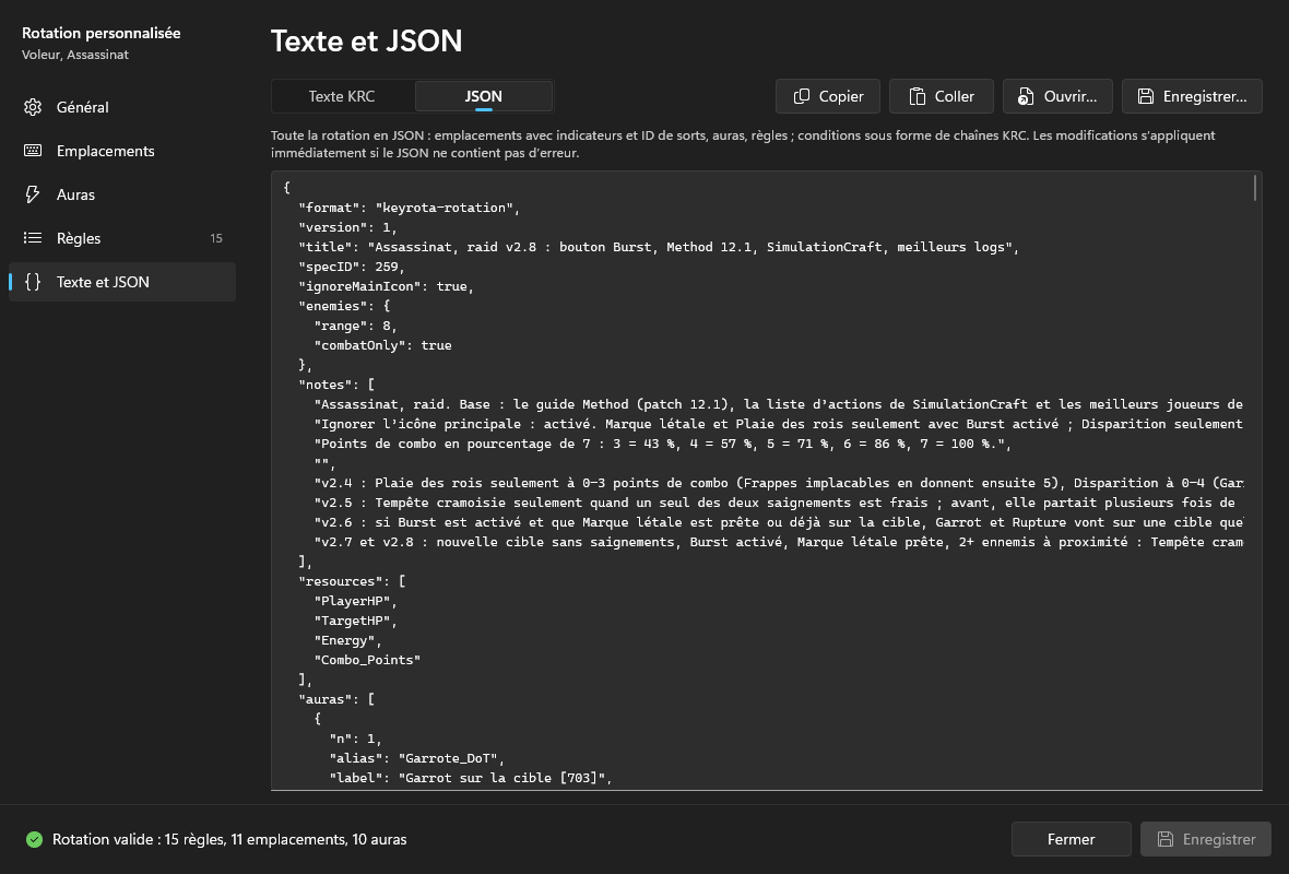 La page Texte et JSON en mode JSON : le début du JSON de la rotation avec format, version, title, specID, ignoreMainIcon, enemies et notes