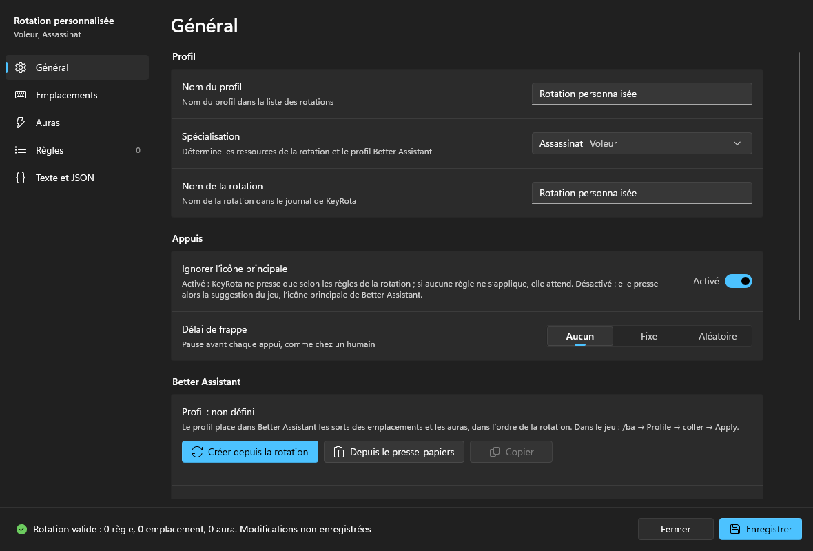 Une nouvelle rotation dans l’éditeur : la page Général, sans emplacements ni règles pour l’instant