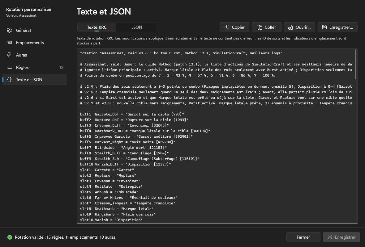 La page Texte et JSON en mode texte KRC : le début du texte de la rotation avec la description et les déclarations buff1 à buff7