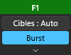 Le panneau de réglages rapides : un en-tête avec F1, « Cibles : Auto » et « Burst »