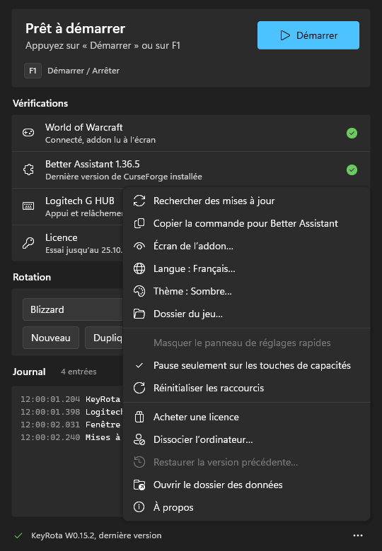 Le menu « … » : « Rechercher des mises à jour », « Copier la commande pour Better Assistant », « Langue », « Thème », « Dossier du jeu » et d’autres options