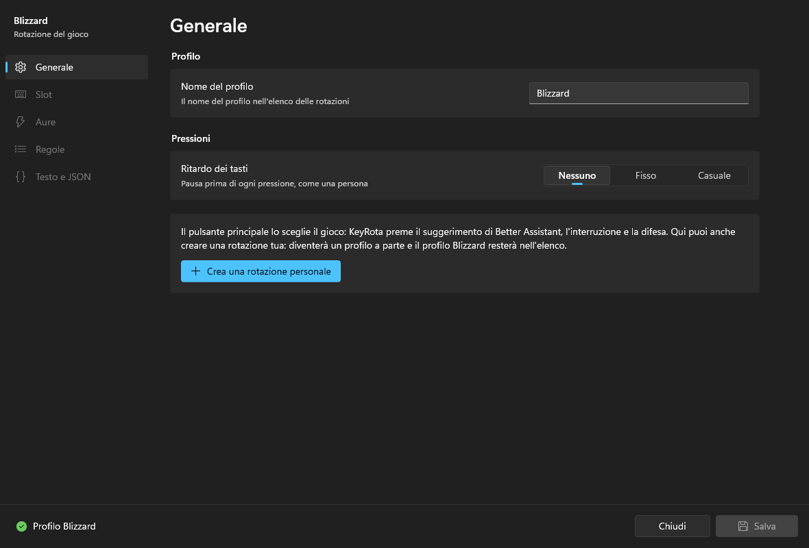 Un profilo Blizzard nell'editor: il nome del profilo, il ritardo dei tasti e «Crea una rotazione personale»