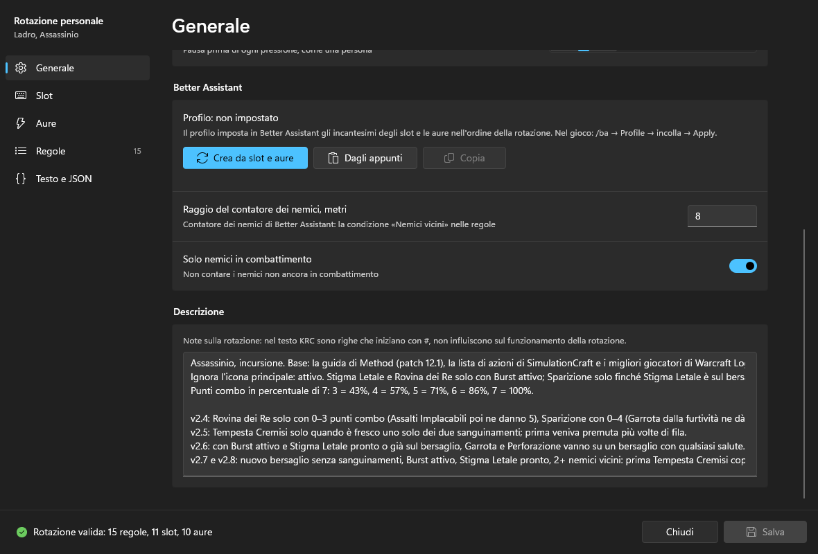 La pagina Generale più in basso: il blocco Better Assistant, il raggio del contatore dei nemici, Solo nemici in combattimento e la descrizione
