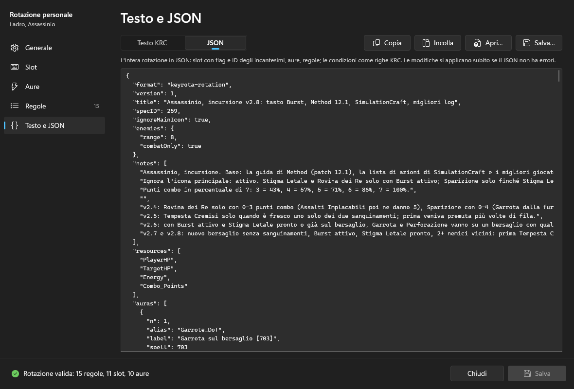 La pagina Testo e JSON in modalità JSON: l'inizio del JSON della rotazione con format, version, title, specID, ignoreMainIcon, enemies e notes