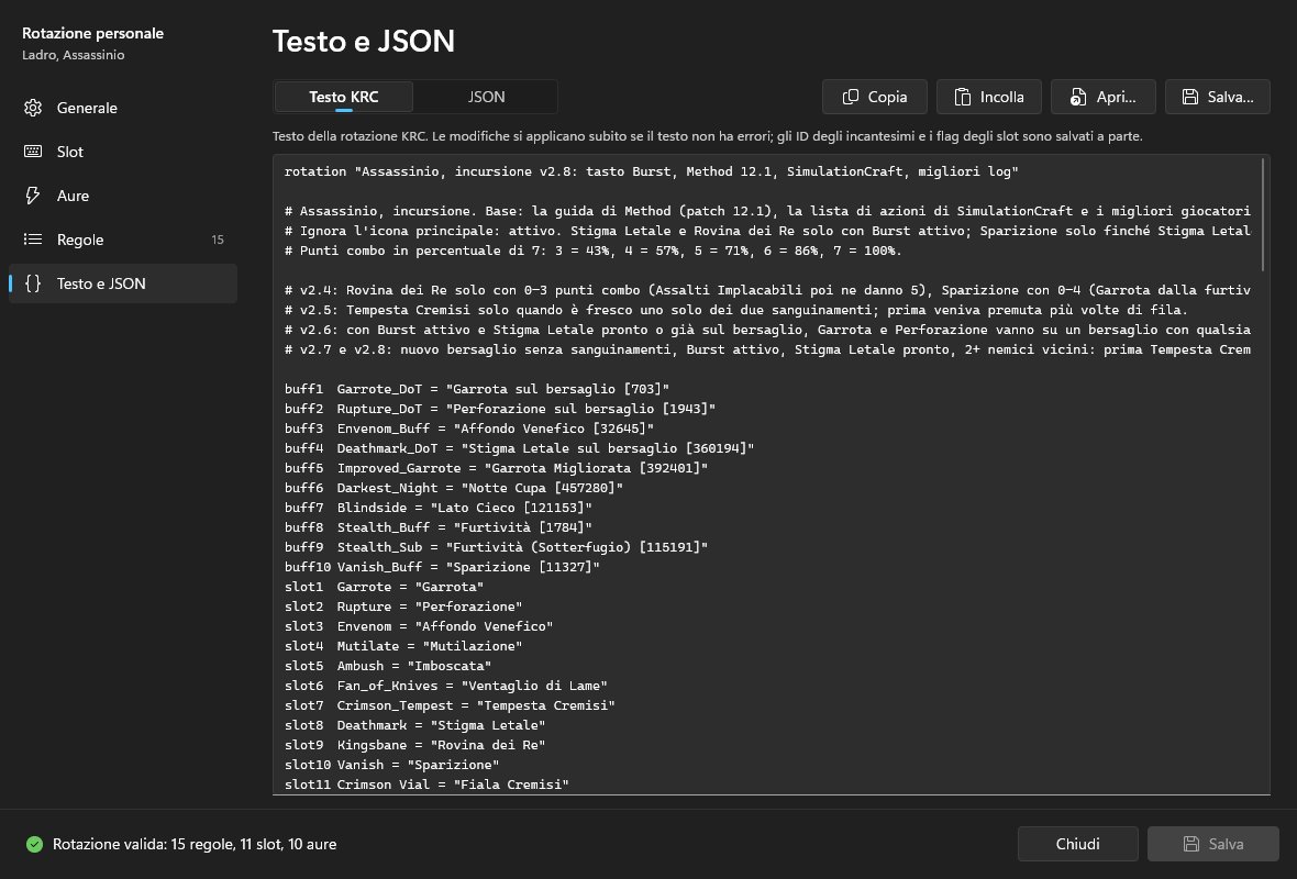 La pagina Testo e JSON in modalità testo KRC: l'inizio del testo della rotazione con la descrizione e le dichiarazioni da buff1 a buff7