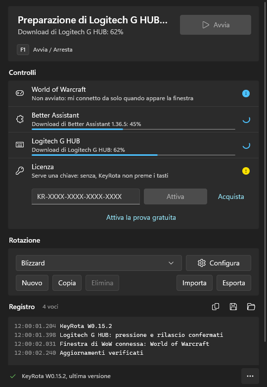 Primo avvio: le righe Better Assistant e Logitech G HUB con le barre di download