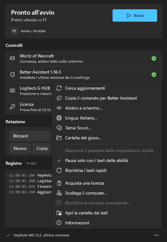 Il menu «…»: «Cerca aggiornamenti», «Copia il comando per Better Assistant», «Lingua», «Tema», «Cartella del gioco» e altro