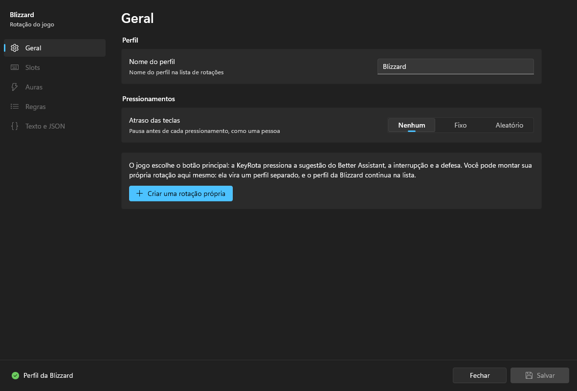 Um perfil da Blizzard no construtor: o nome do perfil, o atraso das teclas e “Criar uma rotação própria”