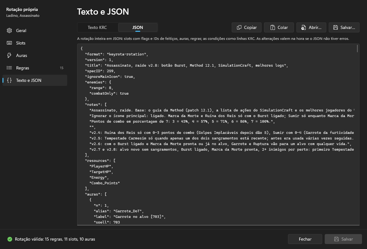 A página Texto e JSON no modo JSON: o início do JSON da rotação, com format, version, title, specID, ignoreMainIcon, enemies e notes