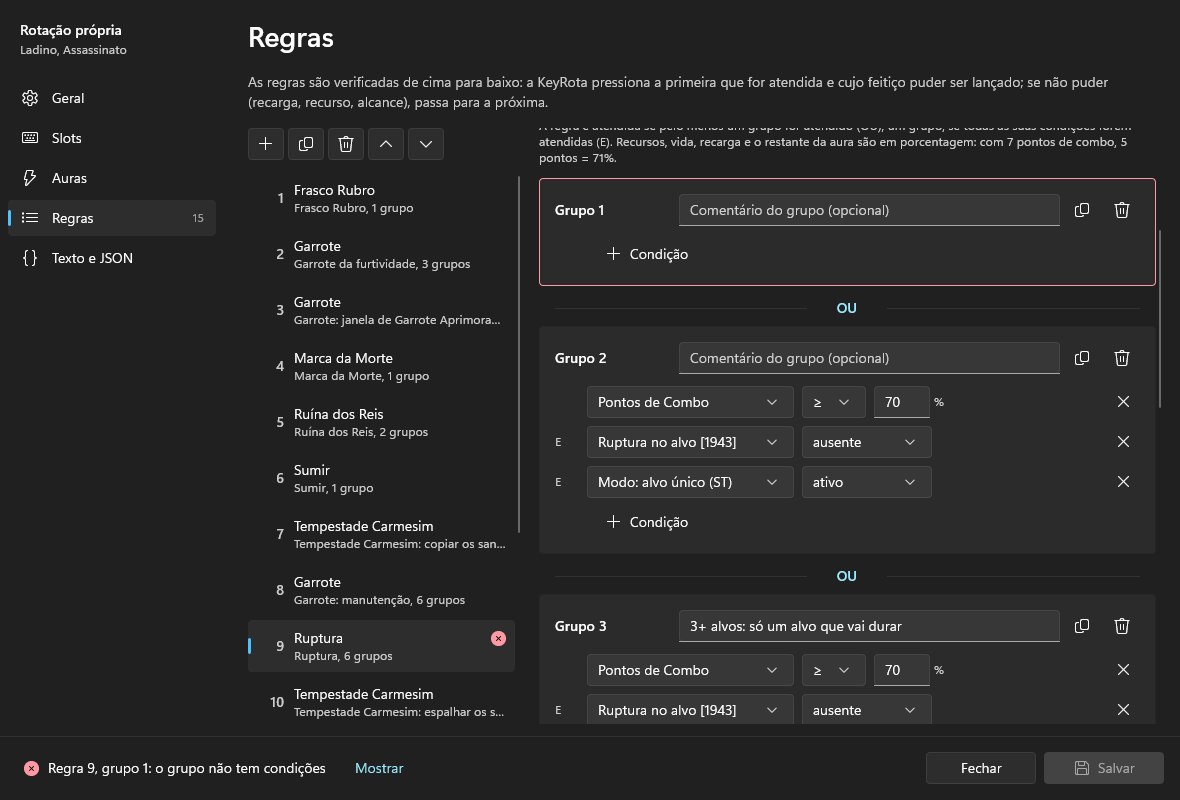 Um erro na regra 9: o grupo 1, sem condições, tem contorno vermelho; a barra de status mostra “Regra 9, grupo 1: o grupo não tem condições” e Mostrar