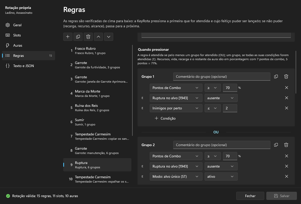 Os grupos de condições da regra Ruptura: o grupo 1 e o grupo 2 separados por OU