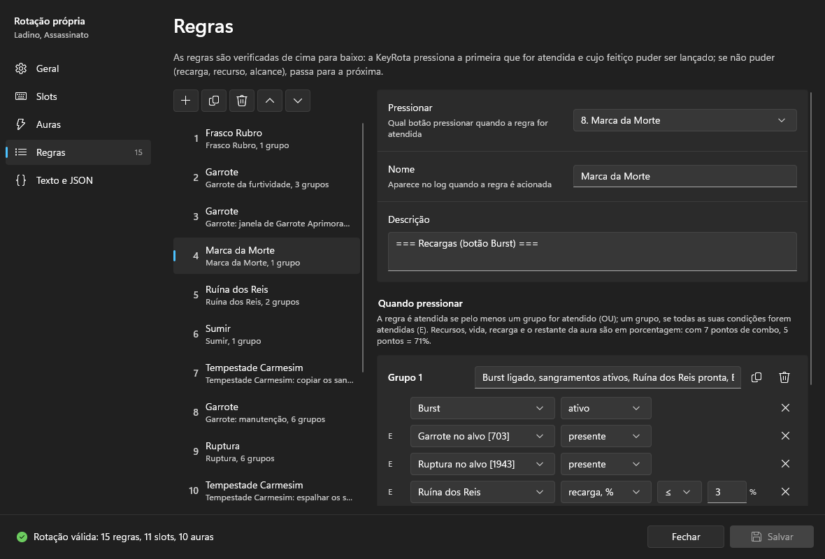 A página Regras: 15 regras à esquerda; à direita, a regra 4, Marca da Morte, com o seu grupo de condições