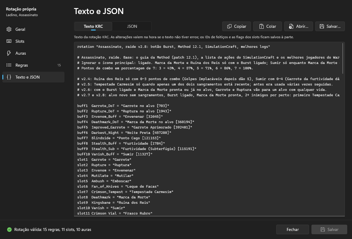 A página Texto e JSON no modo Texto KRC: o início do texto da rotação, com a descrição e as declarações buff1 a buff7