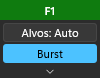 O painel de configurações rápidas: o cabeçalho com F1, “Alvos: Auto” e “Burst”