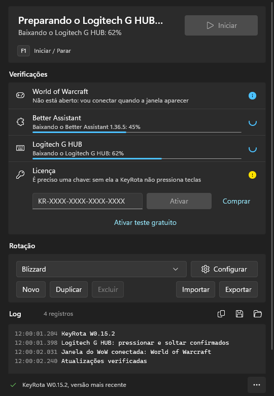 Primeira execução: as linhas Better Assistant e Logitech G HUB com barras de download