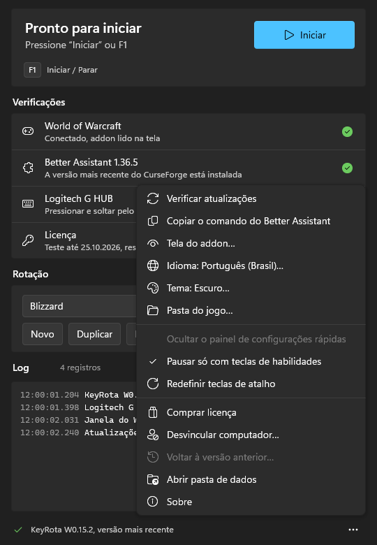 O menu “…”: “Verificar atualizações”, “Copiar o comando do Better Assistant”, “Idioma”, “Tema”, “Pasta do jogo” e outros itens